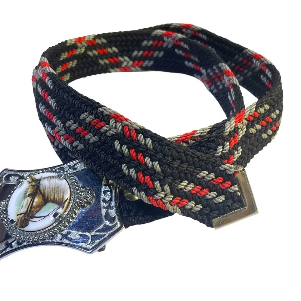 Vintage Western Horse Portrait Belt Buckle Woven Paracord Style Belt 47.5”